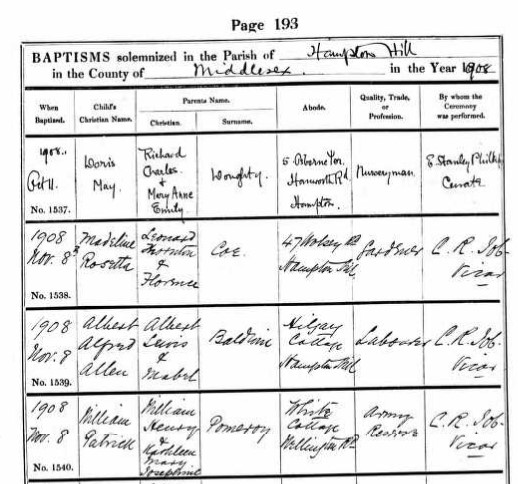 Baptism William Patrick Pomeroy 8 Nov 1908