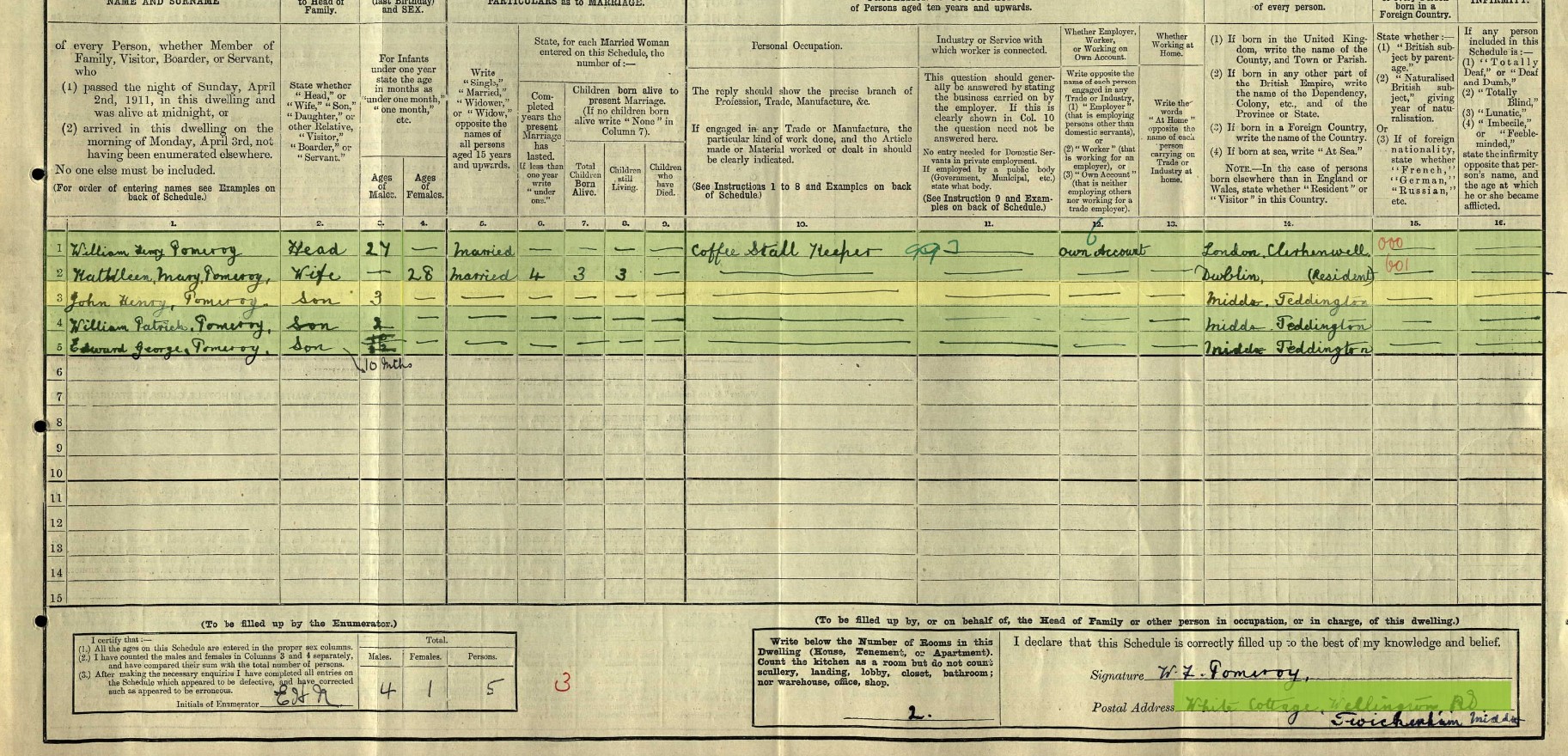 Census 1911 William Henry Pomeroy