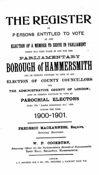 Ancestry Register of Electors 1901 Hammersmith Front page