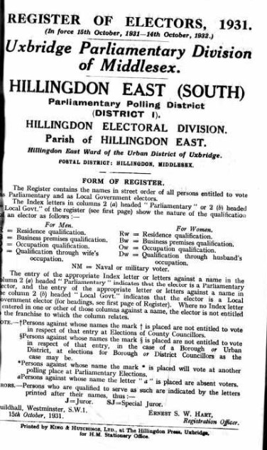 Ancestry Register of Electors 1931 Hillingdon East FP