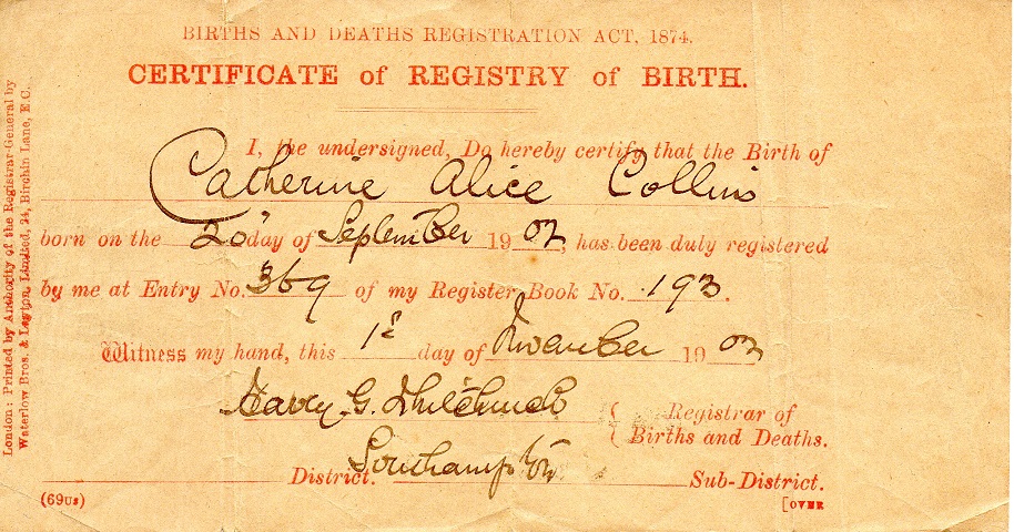 Birth Certificate Catherine Alice Collins 20 Sep 1902