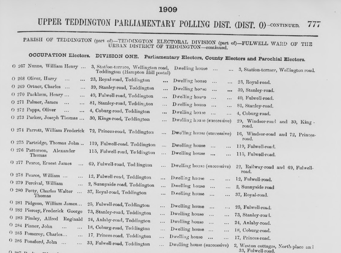 FMP Register of Electors 1909 Teddington