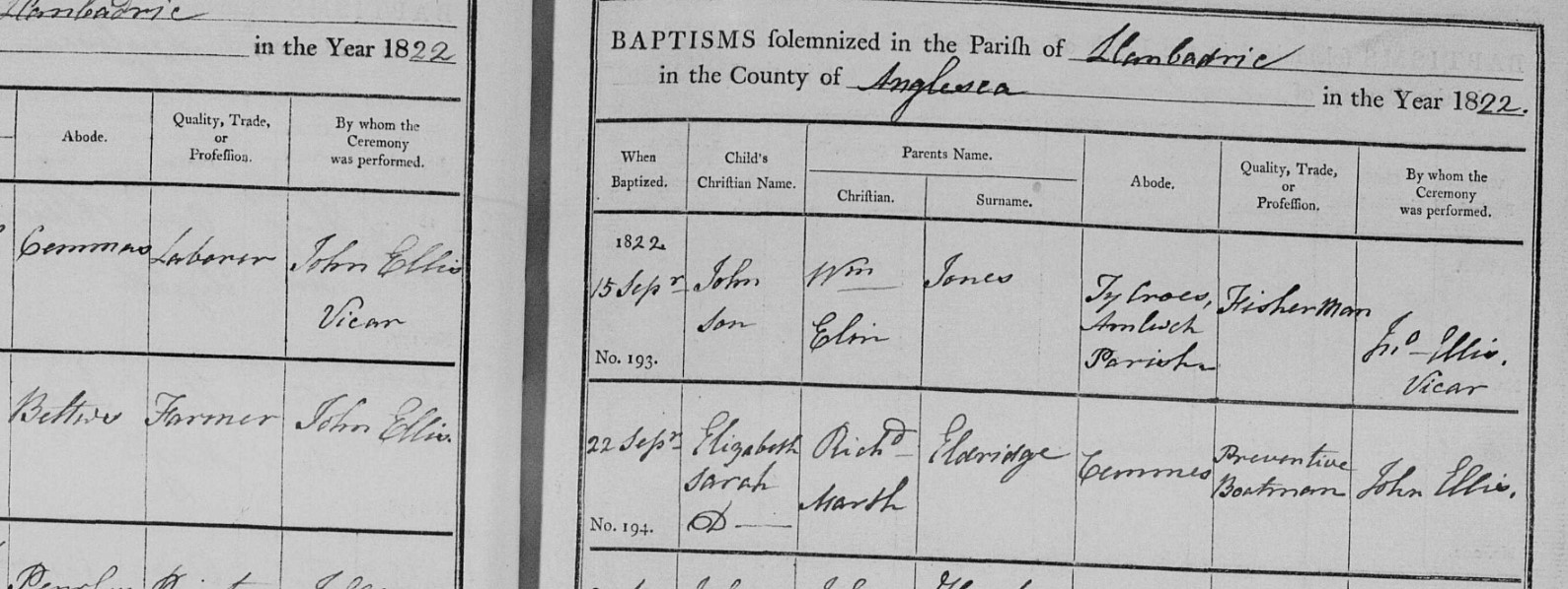 Baptised Elizabeth Sarah Eldridge 22 Sep 1822 PR