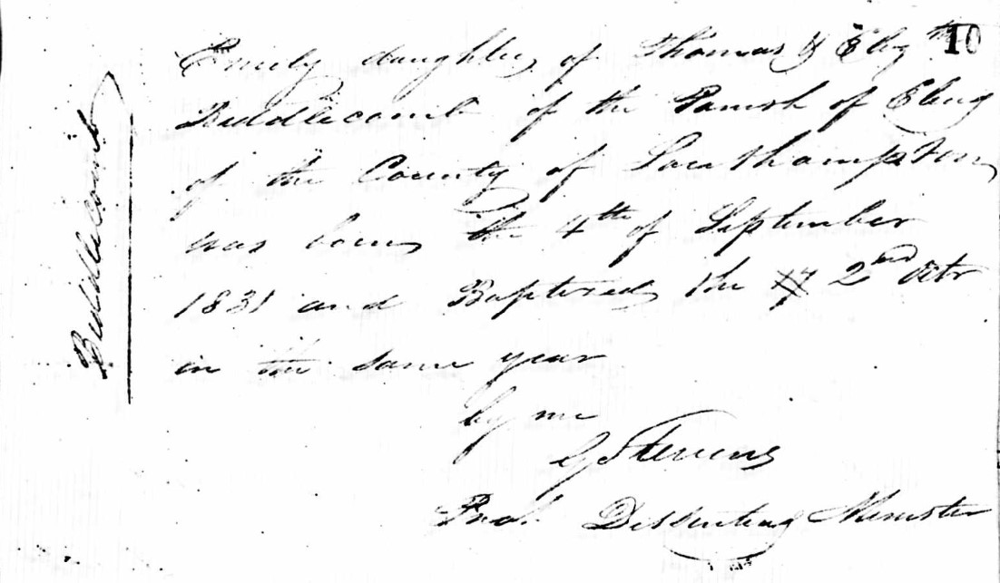 Baptised Emily Biddlecomb 2 Oct 1831