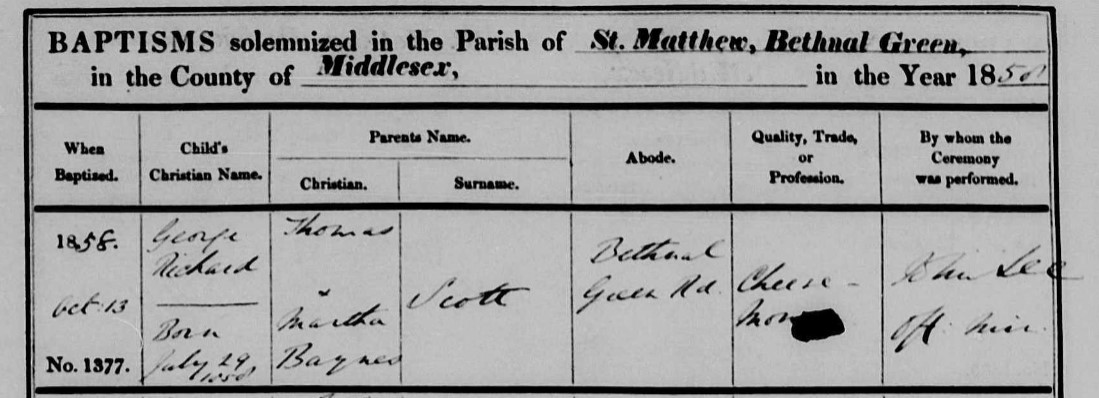 Baptised George Richard Scott 13 Oct 1858