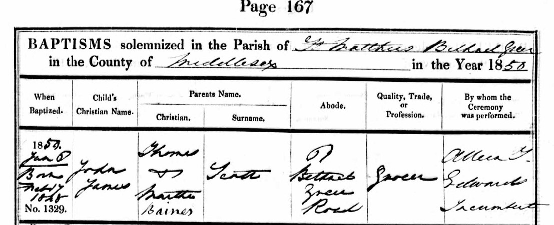 Baptised John James Scott 6 Jan 1850