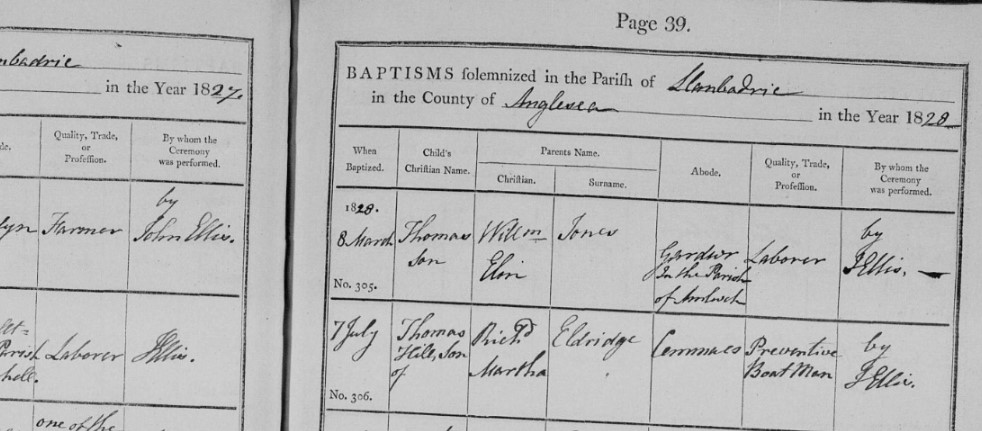 Baptised Thomas Hill Eldridge 7 July 1828 PR