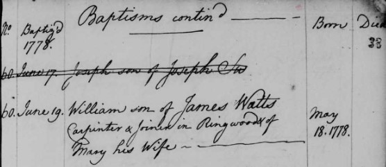 Baptised William Watts 19 Jun 1778