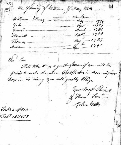 Baptised family of William and Mary Watts letter B