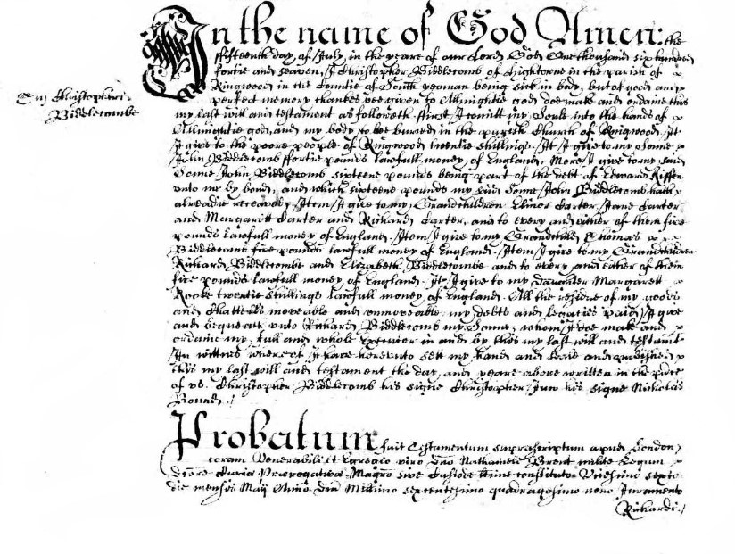 Will of Christopher Biddlecomb of Ringwood