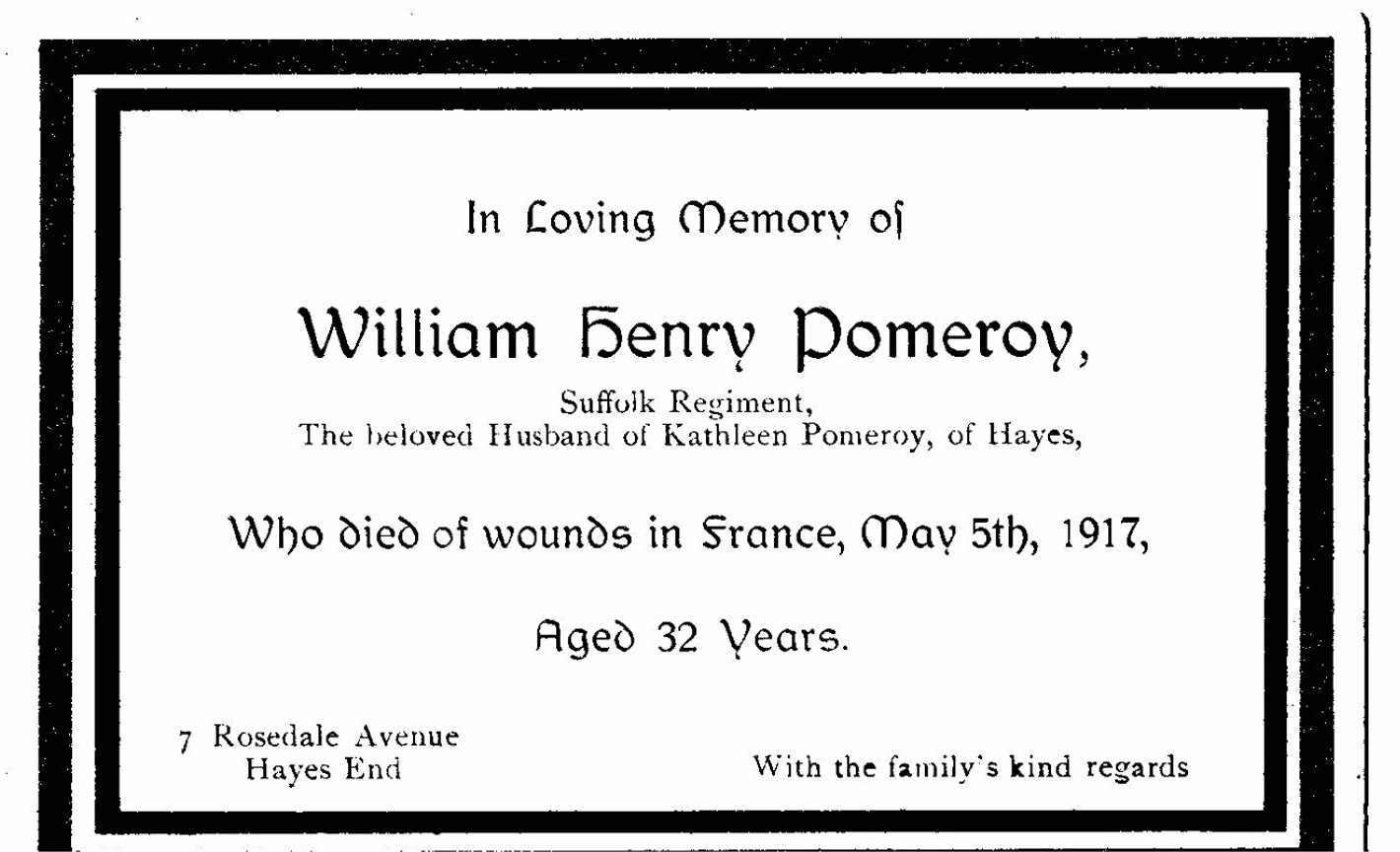 William Henry Pomeroy Death Card