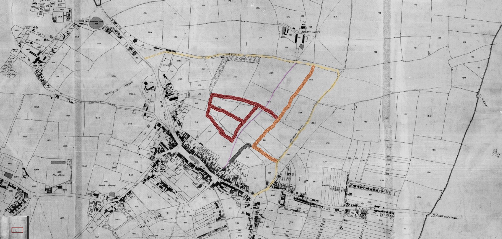 Tithe map Epsom Court and town with some new roads