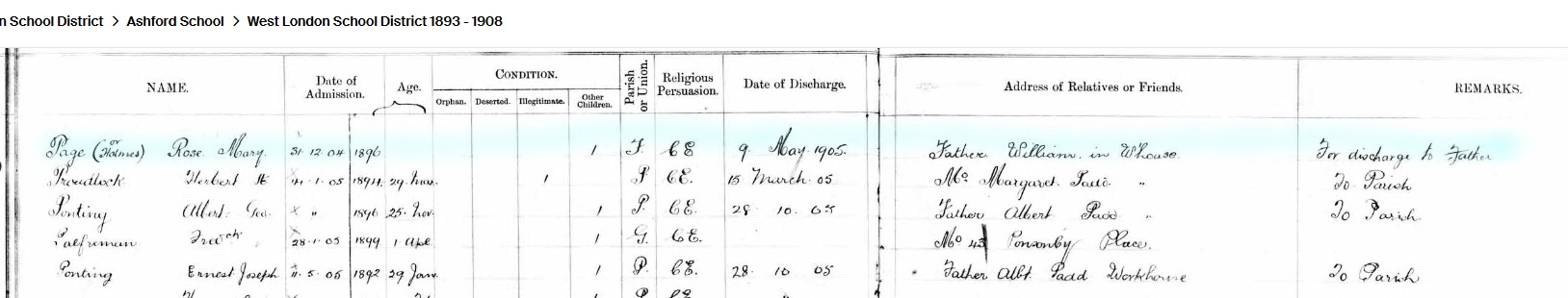 Ashford School in out register Page C