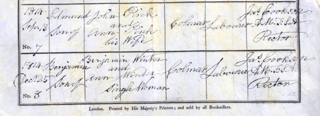 Baptised Benjamin Winter Colmar 25 Dec 1814