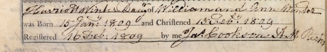 Baptised Harriott Winter Colmar 15 Feb 1809