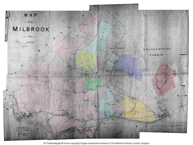 Millbrook Tithe Map coloured with some Landowners