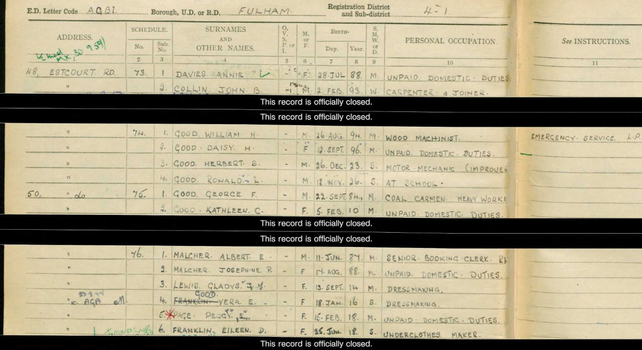 1939 Register 50 Estcourt Road Fulham Malcher