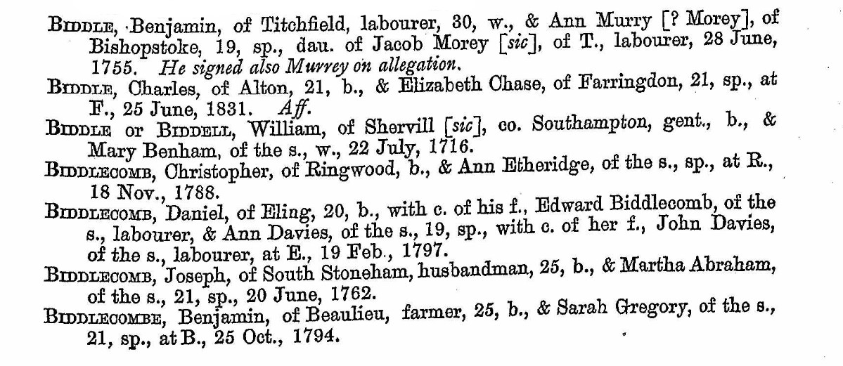 Allegations for Marriage Licences Biddlecomb and Biddlecombe
