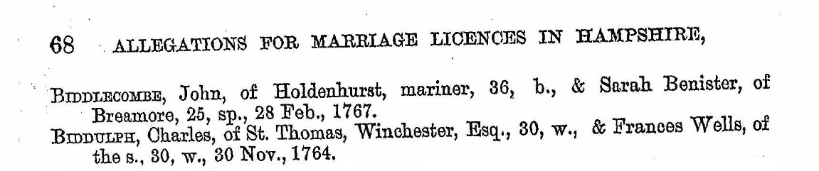 Allegations for Marriage Licences Biddlecomb and Biddlecombe 2