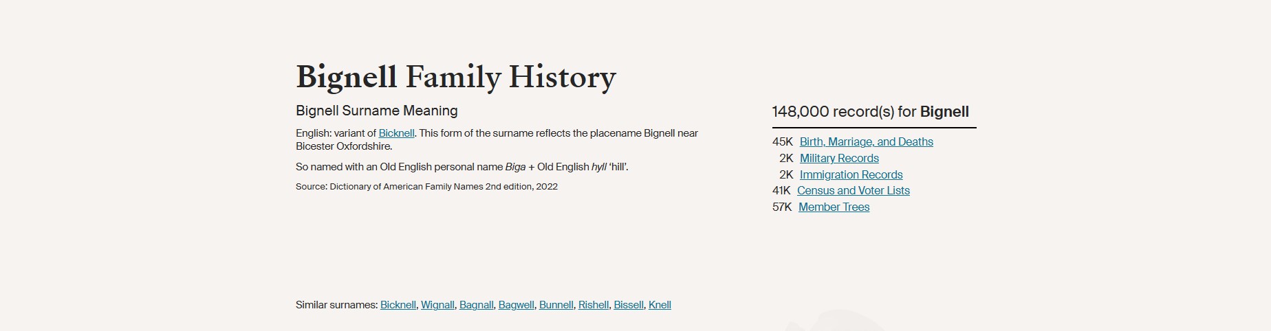 Ancestry Bignell Name Meaning and count