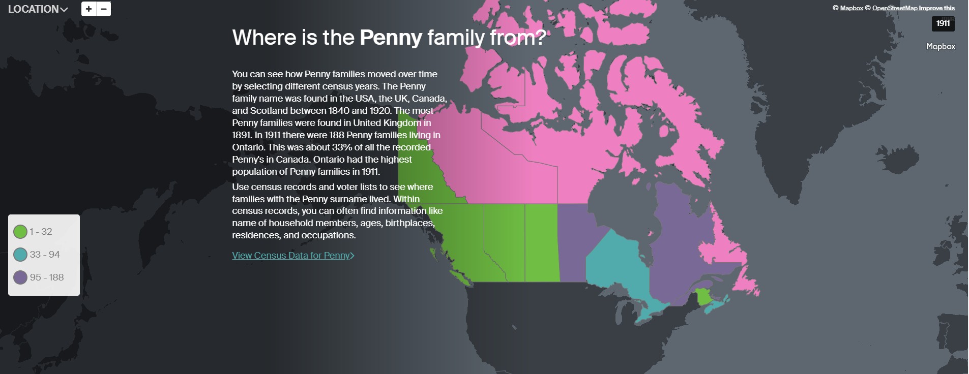Ancestry Penny Canada 1911 distribution