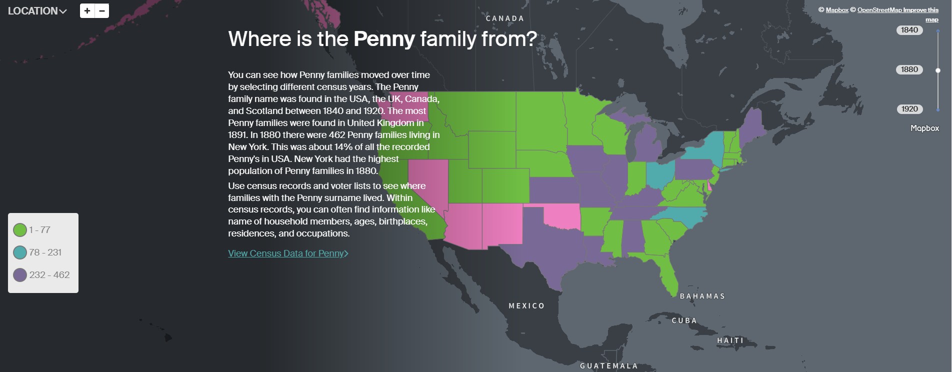 Ancestry Penny USA 1880 distribution