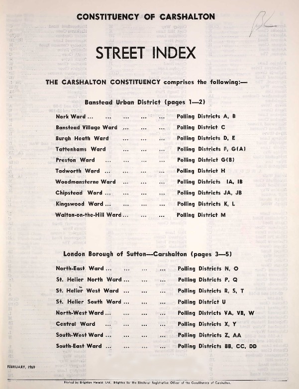 Ancestry Register of Electors 1969 Carshalton 1 Street Index