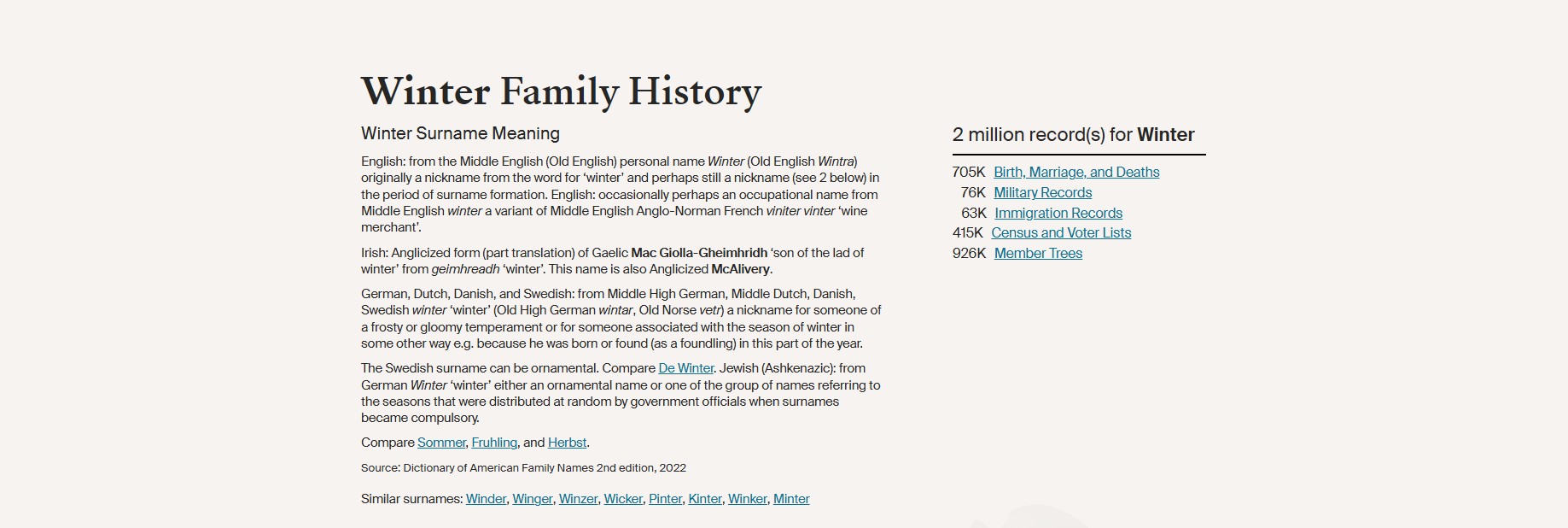 Ancestry Winter Name Meaning and count