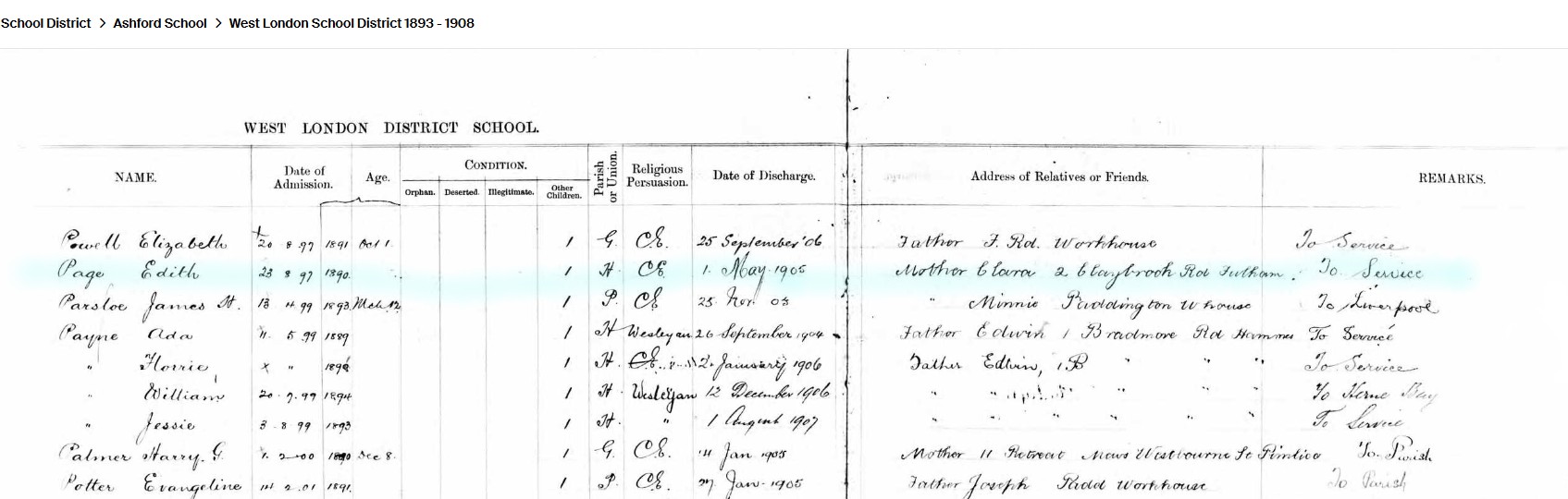 Ashford School in out register Page F