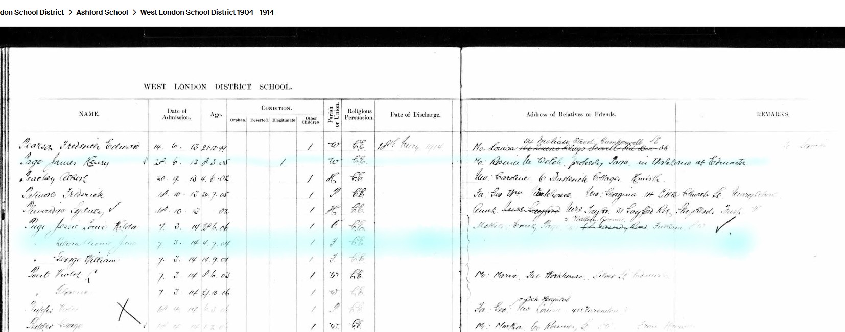 Ashford School in out register Page J
