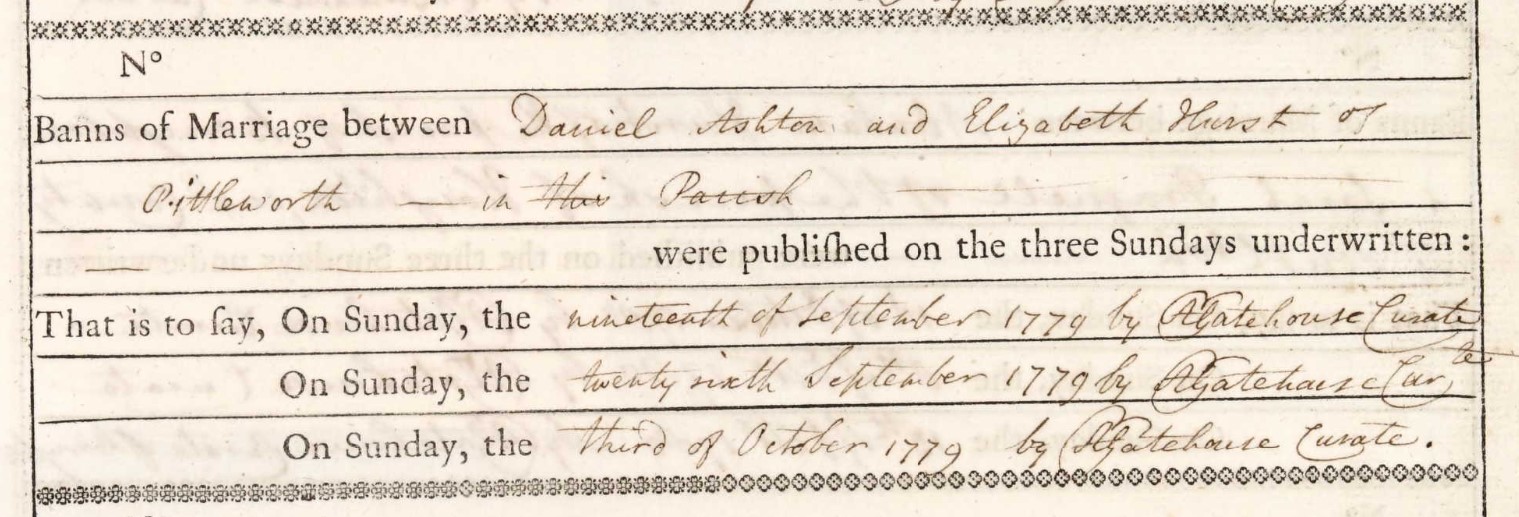 Banns Daniel Ashton Elizabeth Hurst Broughton 1779
