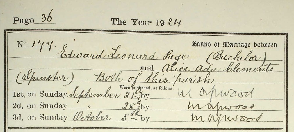 Banns Edward Leonard Page Alice Ada Clements Fulham