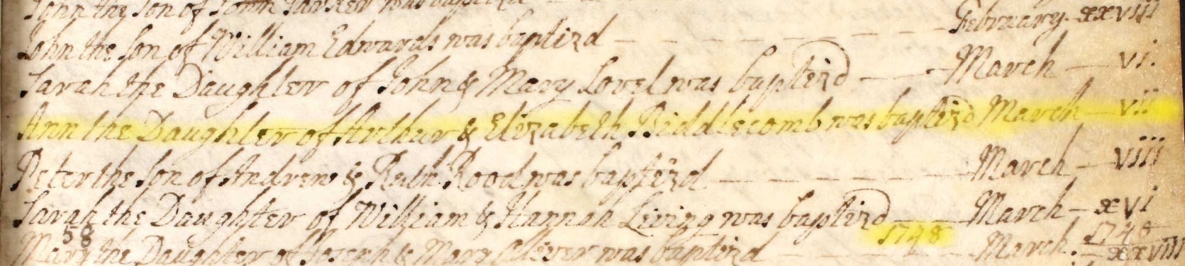 Baptised Ann Biddlecomb 7 March 1748 Eling