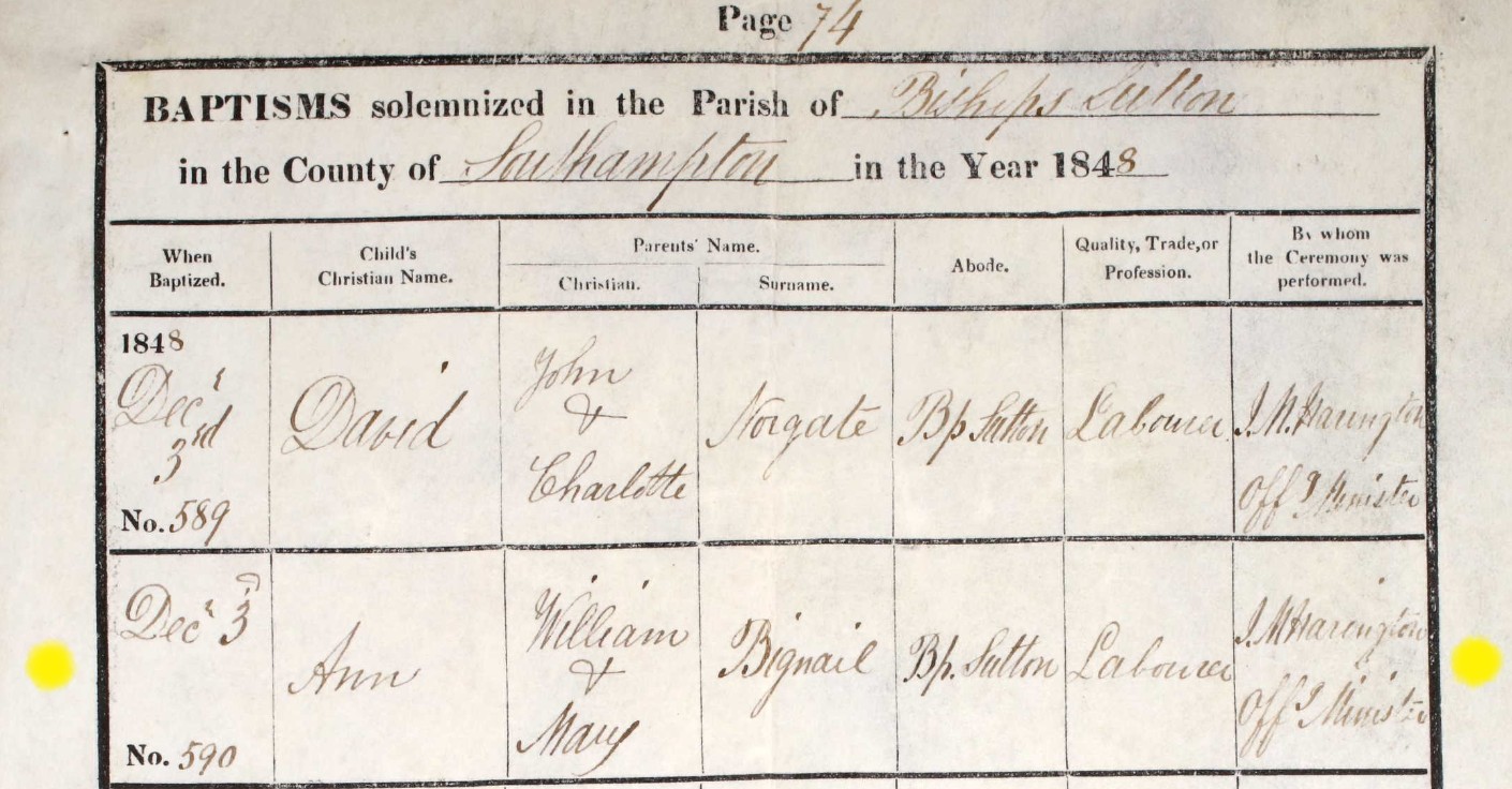 Baptised Ann Bignall Bishops Sutton 3 Dec 1848