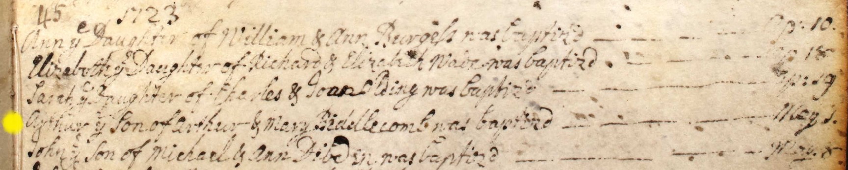 Baptised Arthur Biddlecomb 1 May 1723