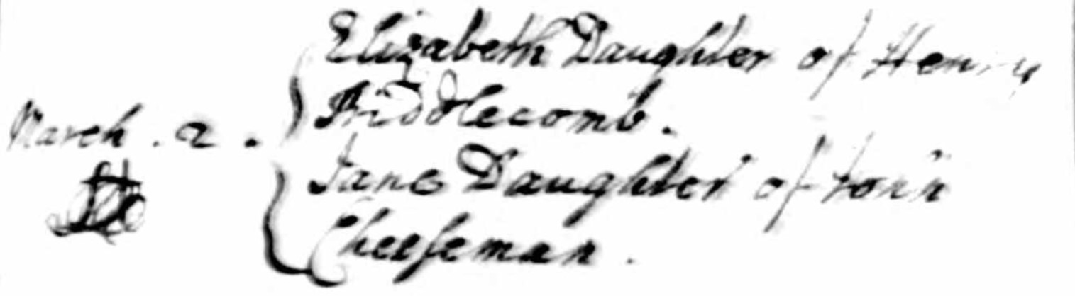 Baptised Elizabeth Biddlecomb 2 Mar 1730 B