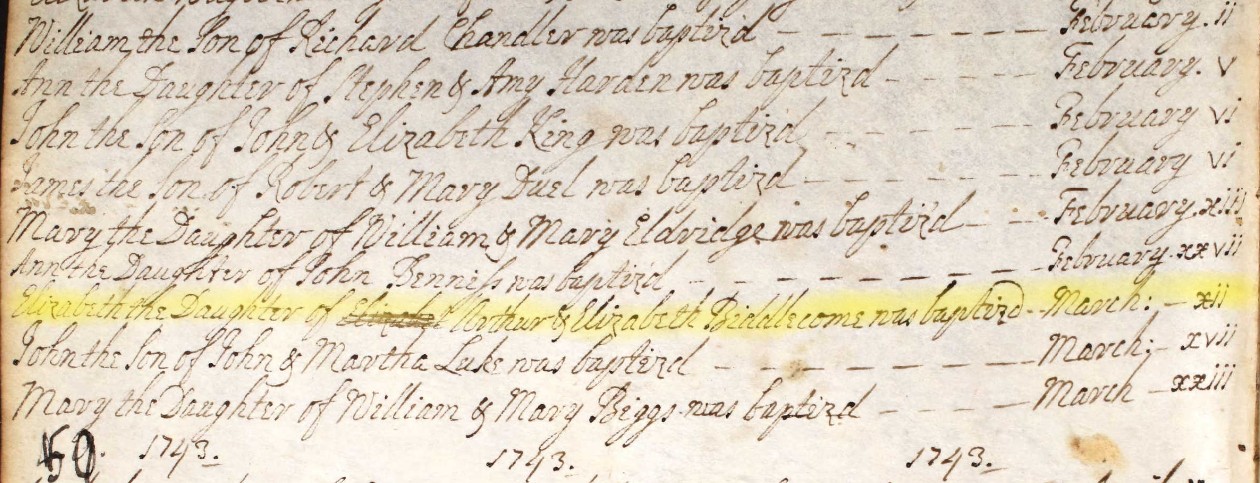 Baptised Elizabeth Biddlecome 12 Mar 1742 Eling