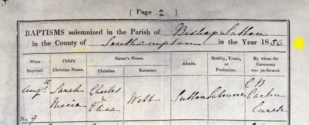 Baptised Ellen Bignell Bishops Sutton 23 Nov 1856 B