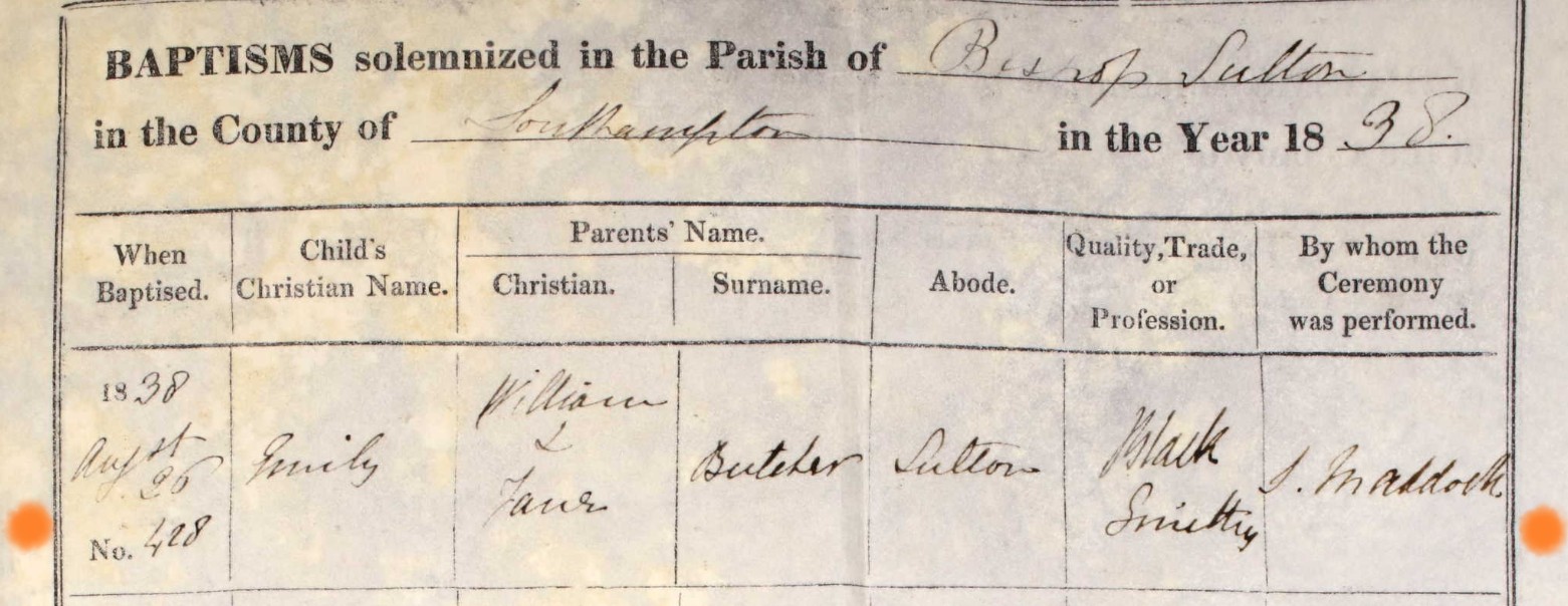 Baptised Emily Butcher 26 Aug 1838 Bishops Sutton