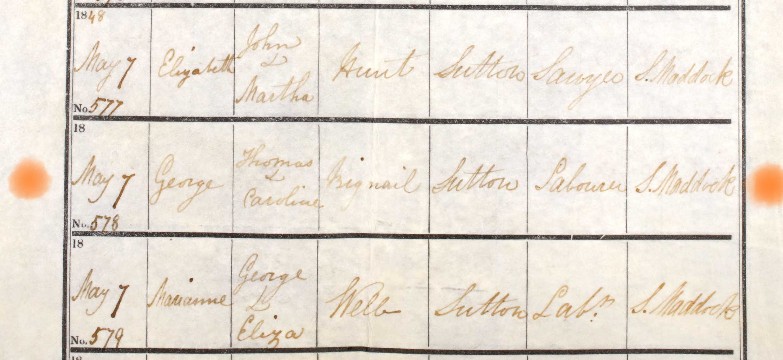 Baptised George Bignall Bishops Sutton 7 May 1848