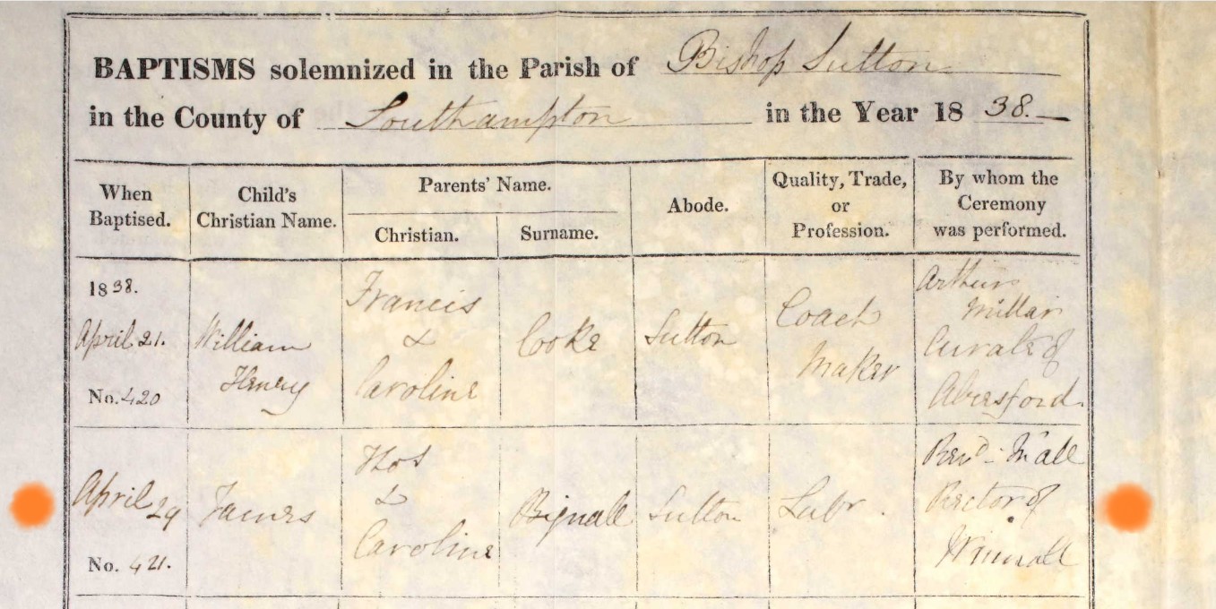 Baptised James Bignall 29 April 1838 Bishops Sutton