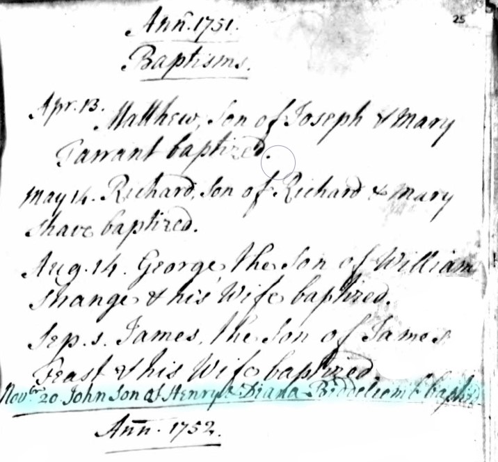 Baptised John Biddlecombe 20 Nov 1751 A