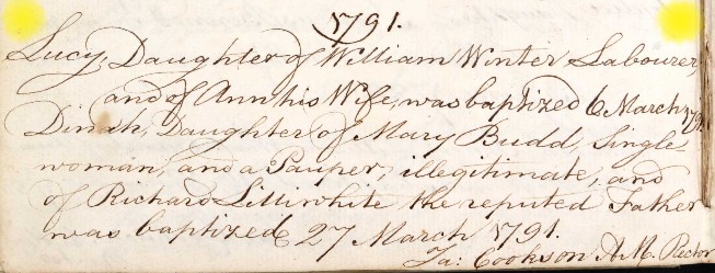 Baptised Lucy Winter Priors Dean 6 Mar 1791