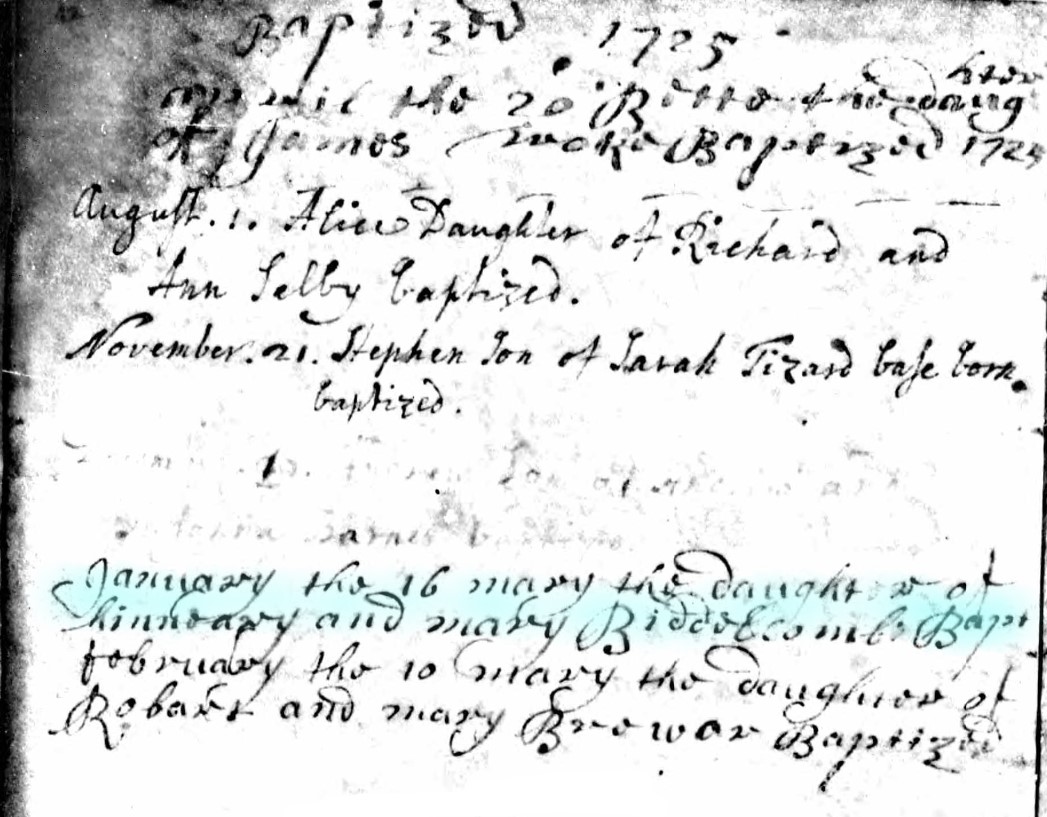 Baptised Mary Biddelcomb 16 Jan 1725 A