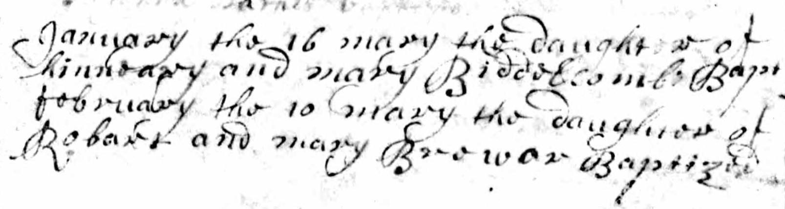 Baptised Mary Biddelcomb 16 Jan 1725 B