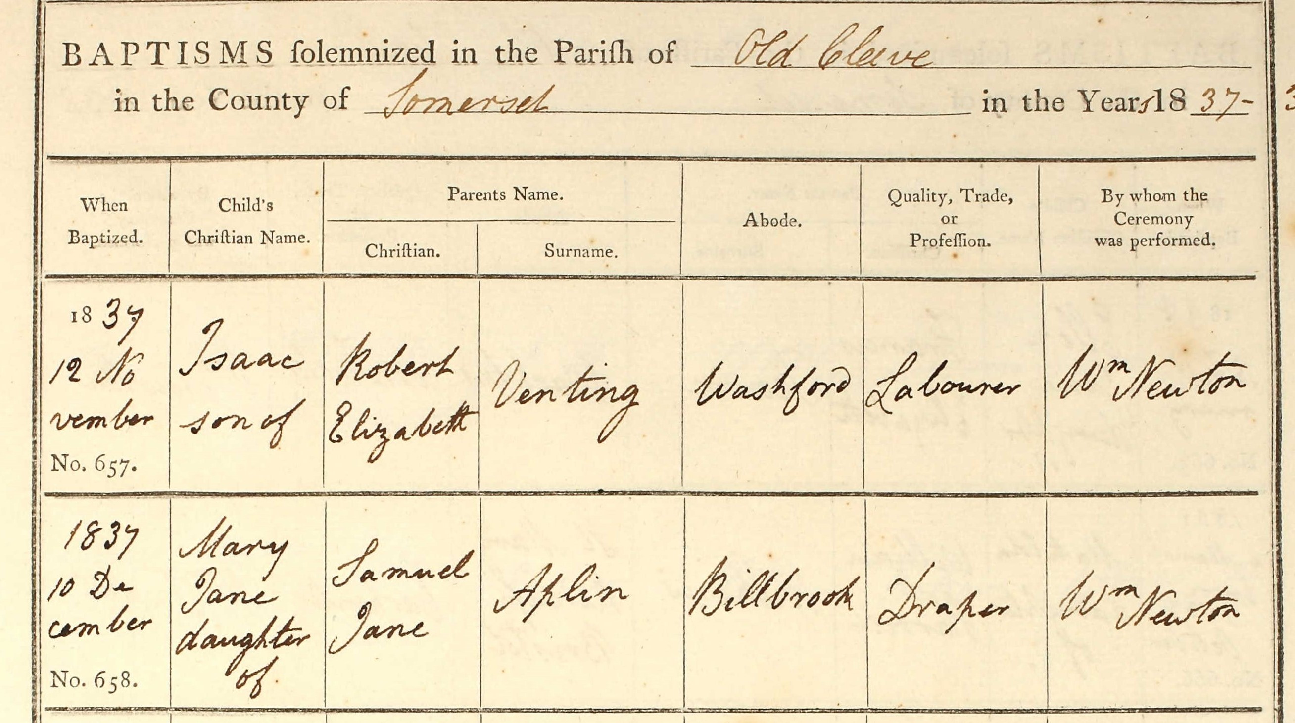 Baptised Mary Jane Aplin 10 Dec 1837 Old Cleave