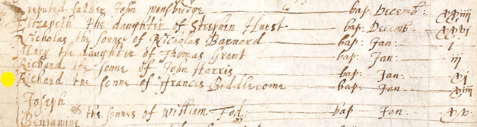 Baptised Richard Biddlecome 14 Jan 1645 6 Eling