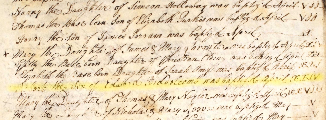 Baptised Robert Biddelcomb 24 April 1782 Eling