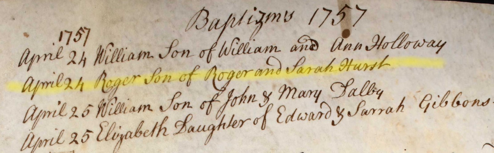 Baptised Roger Hurst 24 April 1757
