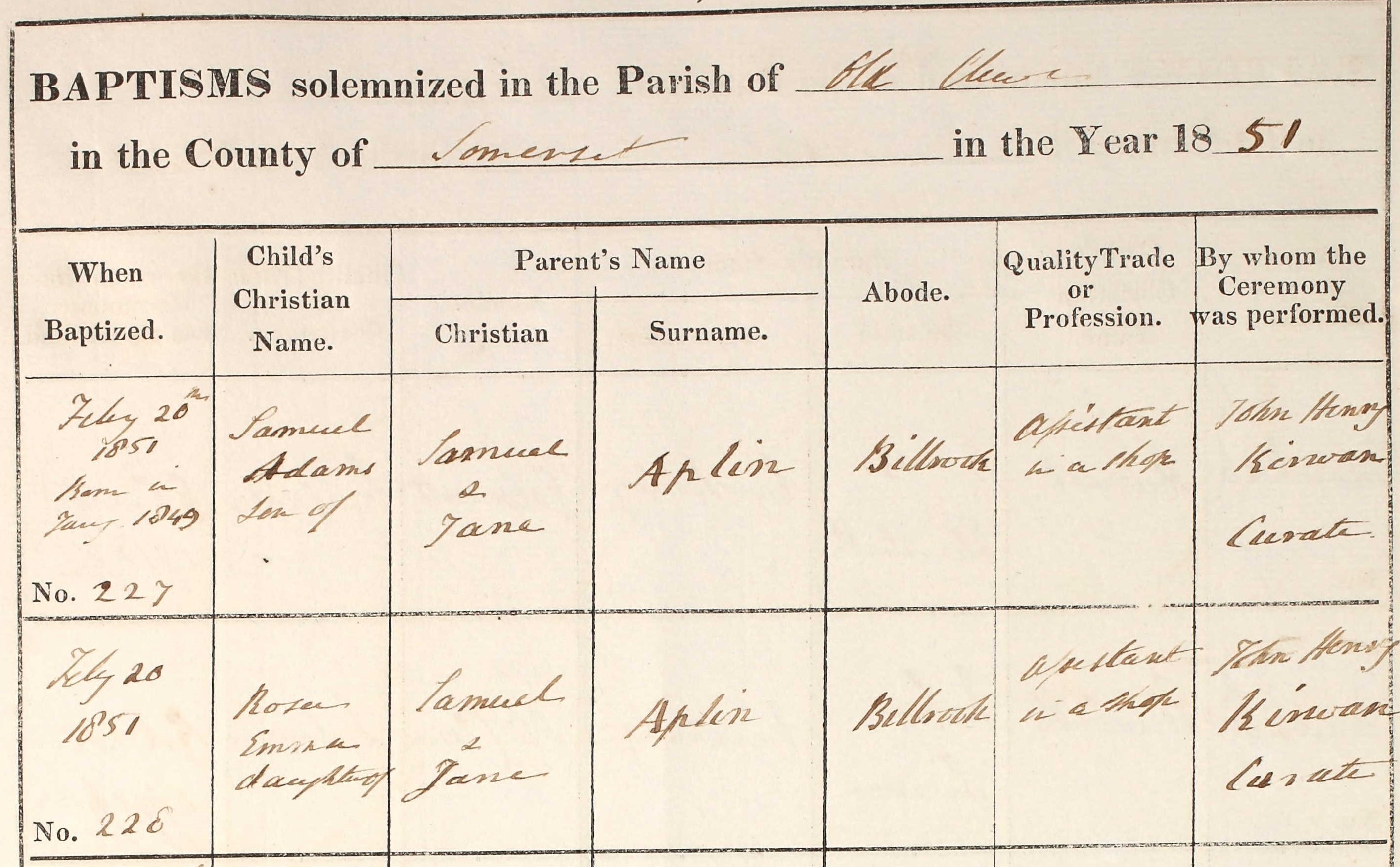 Baptised Samuel Adams Aplin Old Cleeve 20 Feb 1851